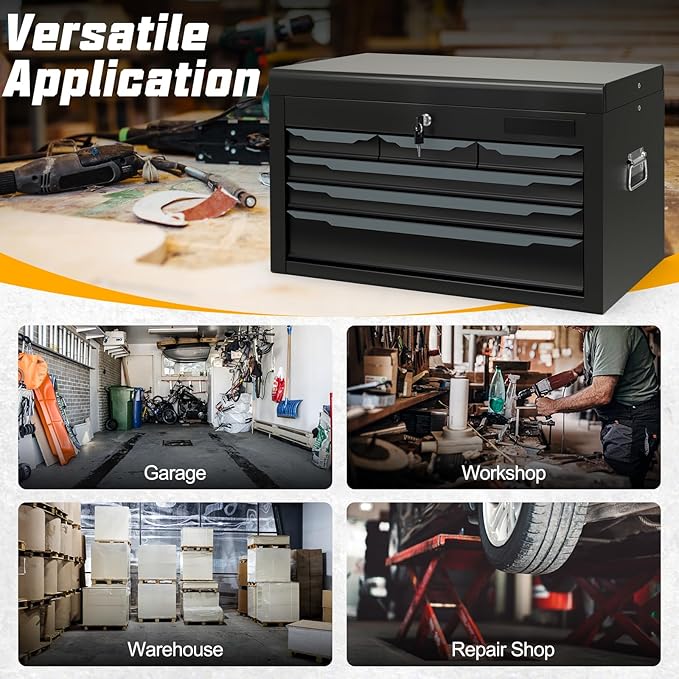 6-Drawer Tool Box, ARNOT 24" Heavy-Duty Steel Tool Chest, Portable Tool Storage Organizer with Auto-Locking Drawers, Top Tool Tray, and Side Handles for Garage, Warehouse, or Workshop Storage (Black)