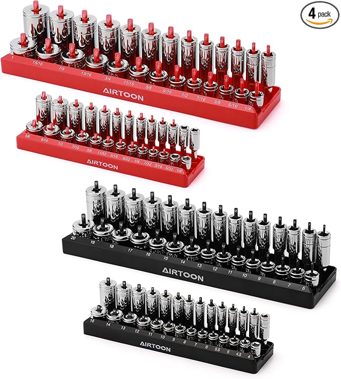 AIRTOON 1/4-Inch & 3/8-Inch Drive Socket Organizer Trays, 4-Piece SAE and Metric Socket Tray Set, Deep and Standard Socket Holders Organizers for Toolbox, Black & Red