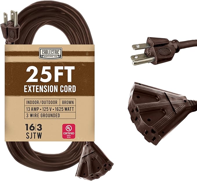 25 Ft Brown Extension Cord with 3 Electrical Power Outlet - 16/3 SJTW Heavy Duty Cable with 3 Prong Plug for Safety, 13 AMP for Heavy Appliances, Garden, Lawn, Lightning Decoration