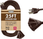 25 Ft Brown Extension Cord with 3 Electrical Power Outlet - 16/3 SJTW Heavy Duty Cable with 3 Prong Plug for Safety, 13 AMP for Heavy Appliances, Garden, Lawn, Lightning Decoration