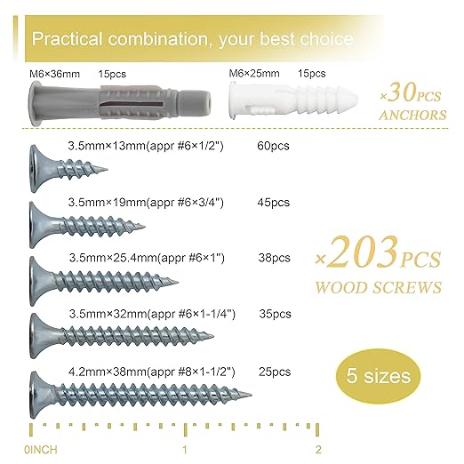 High Hardness Wood Screws Assortment Kit and Plastic Wall Anchors, 203 pcs 1/2" to 1-1/2" Phillips Drive Flat Head Screws & 30 pcs M6 Drywall Anchors