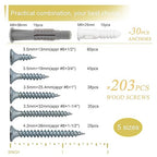 High Hardness Wood Screws Assortment Kit and Plastic Wall Anchors, 203 pcs 1/2" to 1-1/2" Phillips Drive Flat Head Screws & 30 pcs M6 Drywall Anchors