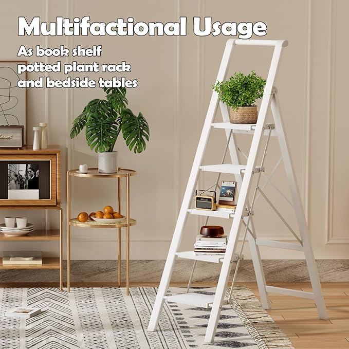 Taranta 5 Step Ladder, Portable Folding Ladder with Wide Pedal, Lightweight Aluminum Step Stool with Convenient Handgrip, 330 lbs Capacity Stepladder for Home, Office - White