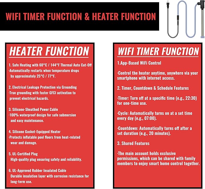 3000W 240V Pool Immersion Water Heater with Temp Control & Wifi Timer – Portable Submersible Heater for Baptistry, Above-Ground Pool, Spa, Inflatable Pool, Baptismal Pool, Bathtub & Hot Tub