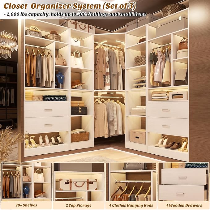 Large Corner Closet System with 3 Sets, 87.2" Closet Organizer System with 4 Drawers & 4 Hanging Rods, Reversible L Shaped Walk-in Closets, Load 2000+LBS, White (87.2" L x 39.2" W x 80" H)
