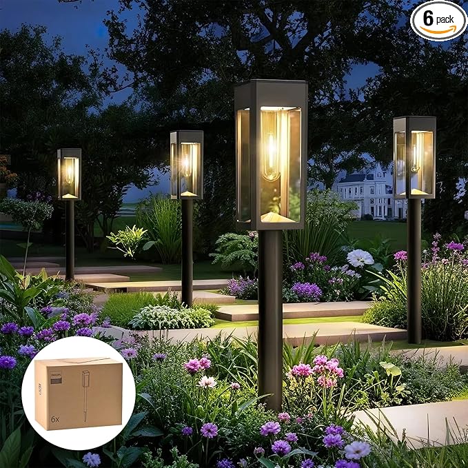 Philips 6 Packs Solar Pathway Lights Outdoor, Glass Metal Led Garden Landscape Lightings, 3000K Warm White, Waterproof for Decor Yard, Walkway, Patio, Driveway, Lawn