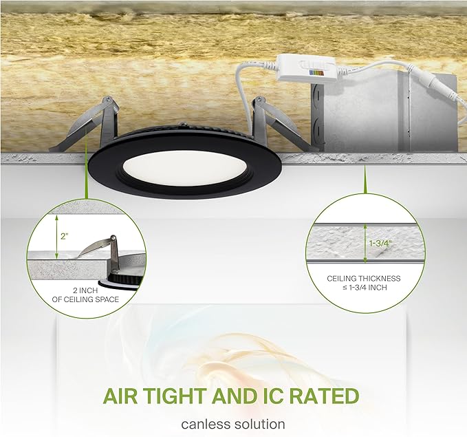 ASD Recessed Lighting 4 Inch, Round Commercial LED Downlight, Mini Panel Baffle Trim, 12W 120-277V, 5 CCT 2700K-5000K, Dimmable LED Ceiling Light Fixture, Black, ETL, 6 Pack