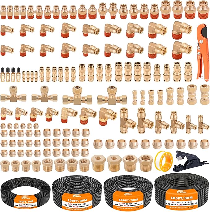 CheeMuii 156 PCS Brass DOT Air Line Fittings with 4 Roll 100FT 1/8" 1/4" 3/8" 1/2" DOT Air Lines Kit Push Lock Air Fitting Quick Connect Air Fittings with Air Hose Pneumatic Tubing