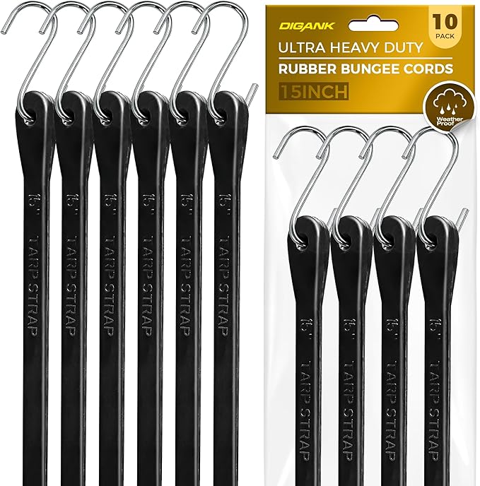 Bungee Cords with Hooks 15", Heavy Duty Rubber Straps, 10 Pack Bungee Straps for Trucks, Tarp Tie Downs, Rain Cover, Cargo, Canopy, Outdoor Use, 180 lbs Load