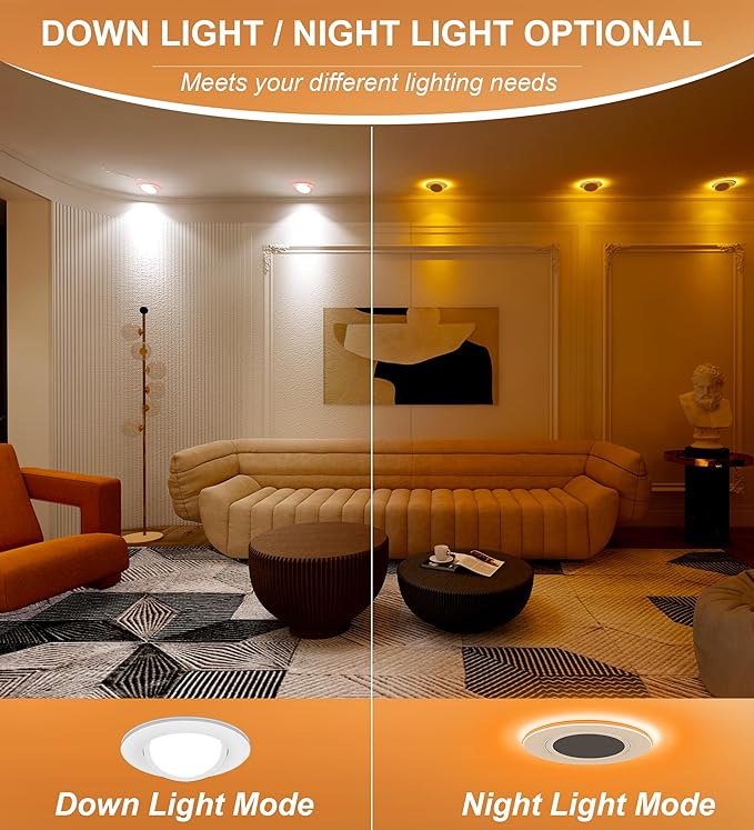 CLOUDY BAY [4 Pack] 6 inch 5 Color Swivel LED Gimbal Recessed Light with Night Light,12W CRI80+ 950LM,2700K/3000K/3500K/4000K/5000K，Canless Angled Adjustable Ceiling Downlight, White Finish