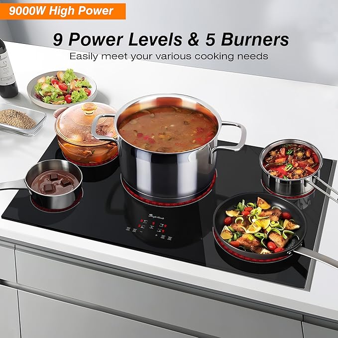 Electric Cooktop 36 Inch 5 Burners, Electric Stove Top, Built-in Ceramic Radiant Cooktop with Sensor Touch Control, Fast Heat, Multiple Safety Protection, 9000W with Hard Wire for 220V~240V
