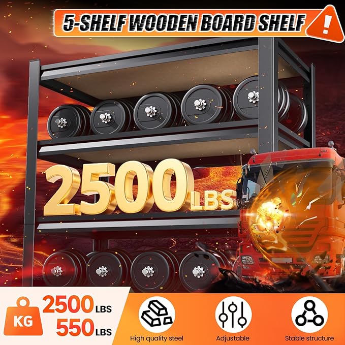 72" H*36'' Garage Shelving Storage Shelves,2500lbs Heavy Duty Shelving, Adjustable Garage Shelves, Easy to Install Metal Shelf Wood Shelving Unit, Storage Shelf for Basement Warehouse