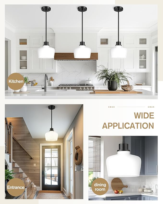 Emak Modern 10 Inch Milk Glass Pendant Lights Kitchen Island, Farmhouse Black Pendant Light Fixtures Large Hanging Lights for Kitchen, Dining Room, PL126-BK-ML