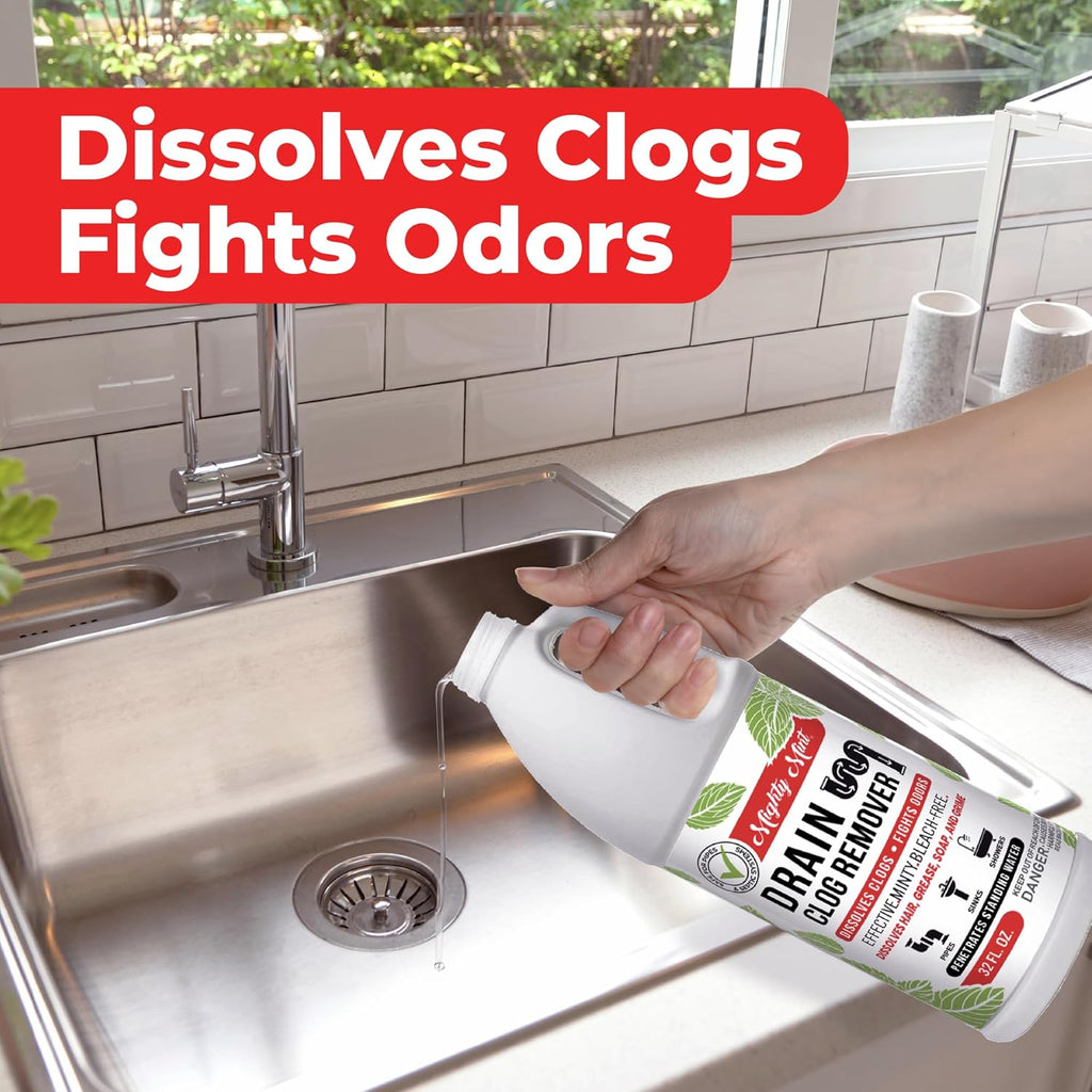 Mighty Mint Drain Clog Remover, Safe for Pipes and Septic, Dissolves Hair & Grease, Clears Blocked Drains and Deodorizes, Natural Mint Scent, 32oz (Pack of 2)
