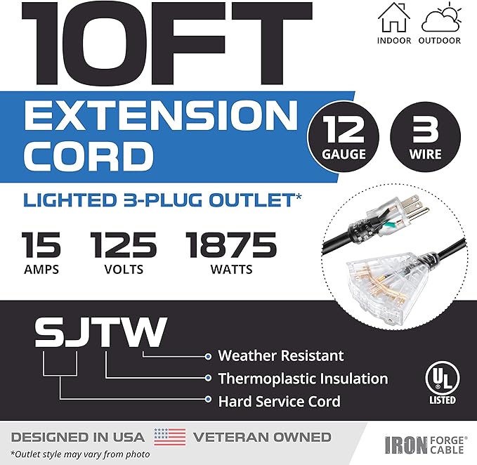 Iron Forge Cable 12 Gauge Extension Cord with Multiple Outlets - Black Heavy Duty Extension Cord 10 ft - 12/3 SJTOW, 3 Prong Lighted Outlet Cords