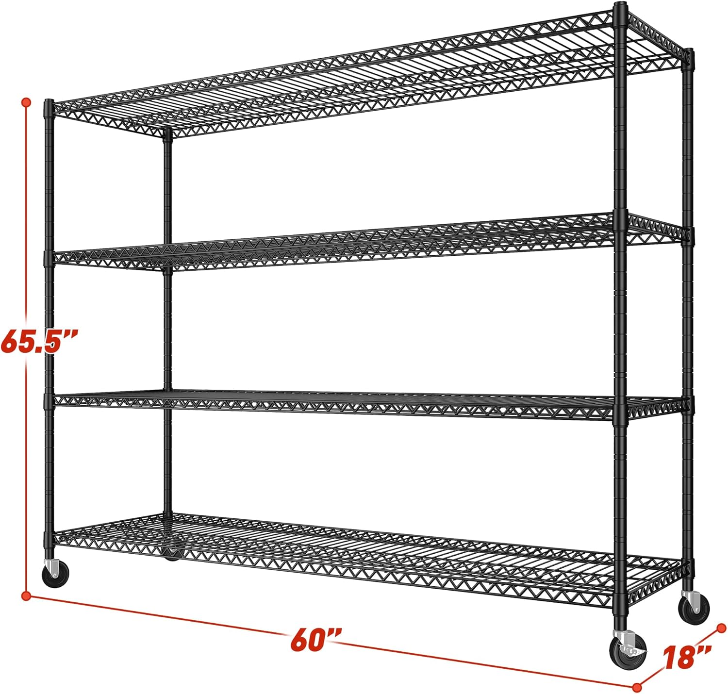 REIBII 60''W Storage Shelves 2399LBS Garage Shelving Heavy Duty with Wheels & Feet, 4 Tier Wire Shelving Adjustable Metal Shelving for Pantry Garage Kitchen Commercial Industrail, 60"W x 18"D x 65.5"H