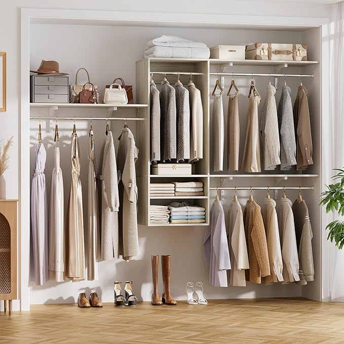 Cyclysio 96 Inch Closet Organizers and Storage, 8 FT Hanging Closet Organizer with 4 Adjustable Rods, Wardrobe Organizers with 3 Shelving Towers for 4-8FT Spaces(Cut-to-Fit), Oak