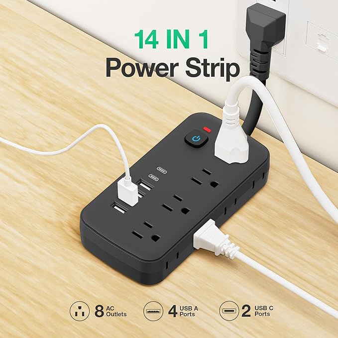 2 Pack Surge Protector Power Strip - 8 AC Outlets & 6 USB Ports (4A/2C), 1080J Extension Cord with Multiple Outlets, 2-Sided Outlet Extender, Short Cord (0.2FT), Wall Mount for Dorm Room