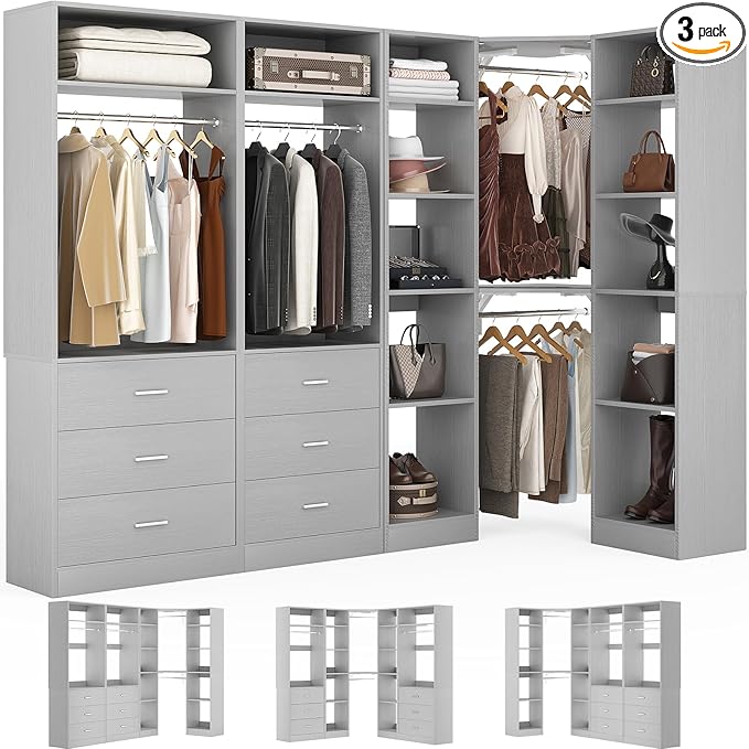Corner Closet System with 6 Drawers, Closet Organizer System with 14 Shelves & 4 Hanging Rods, 87.2"L * 39.2"W / 63.2"L * 63.2"W Reversible L Shaped Walk-in Closets, Load 2500+LBS, Grey