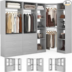 Corner Closet System with 6 Drawers, Closet Organizer System with 14 Shelves & 4 Hanging Rods, 87.2"L * 39.2"W / 63.2"L * 63.2"W Reversible L Shaped Walk-in Closets, Load 2500+LBS, Grey