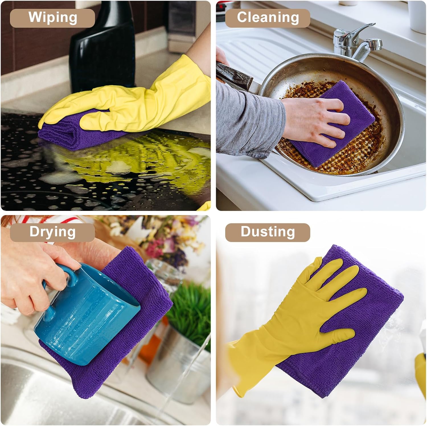 Kitinjoy 24 Pack Microfiber Cleaning Cloth(12 x 12 Inches, Purple), Ultra Soft and Absorbent Cleaning Rags, Reusable and Non-Linting dust Removal Cleaning Cloths for Car, House, Kitchen