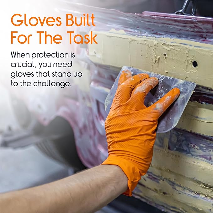 Inspire Heavy Duty Orange Nitrile Disposable Gloves | ULTRA 8 Mil Diamond Textured Grip | Industrial Mechanic Food