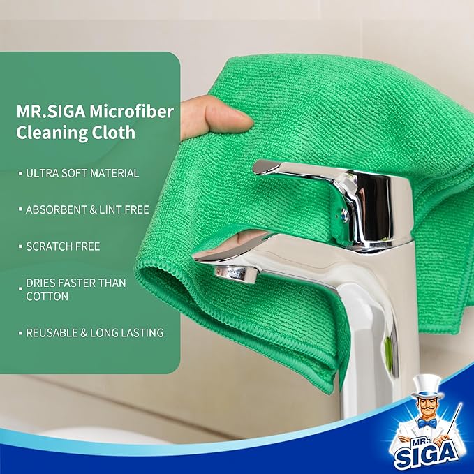 MR.SIGA Microfiber Cleaning Cloths, All-Purpose Microfiber Towels, Streak Free Cleaning Rags, Pack of 12, Green, Size 32 x 32 cm(12.6 x 12.6 inch)