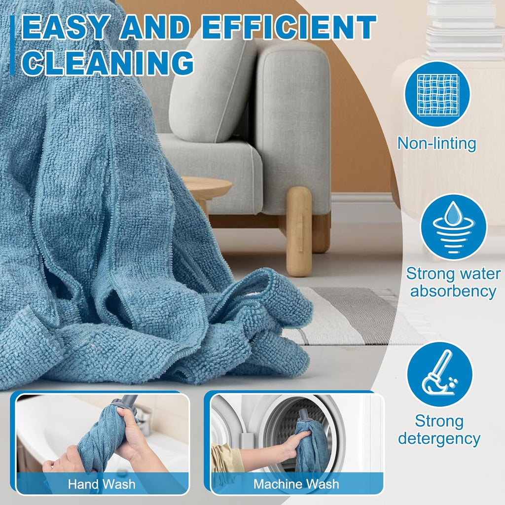 KeFanta Mops for Floor Cleaning,One Mop Handle with 2 Blue Microfiber Cloth Mops Head Replacement,String Wet Mop Refills Compatible with 0.8" Diameter Stick(1 Pole & 2 Heads)