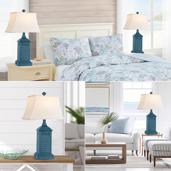 Set of 2 Table Lamps for Living Room Bedrooms, Coastal Nautical Navy Blue Bedside Nightstand Lamp with 2 USB Ports 1 AC Outlet, 3-Color Temperature Farmhouse Beach End Tables Lamp with LED Bulbs
