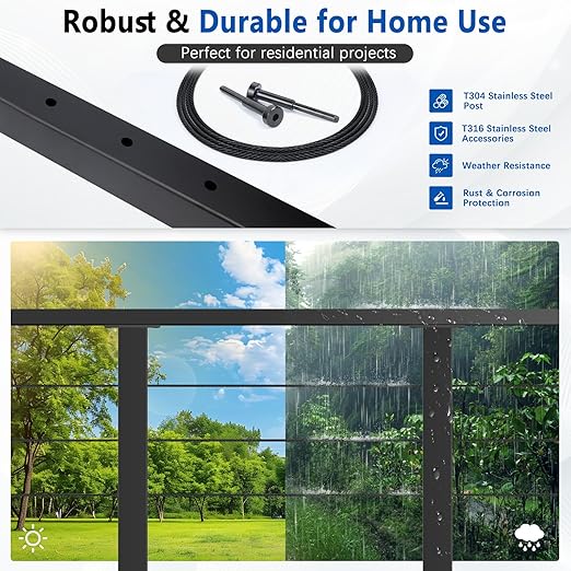 36" Expandable 8-12FT Black T304 Cable Railing Post Kit, Complete Cable Railing System with 3 Level Posts & 134ft 1/8" Wire Rope(No Handrail), Adjustable Length Easy DIY for Decks/Porch