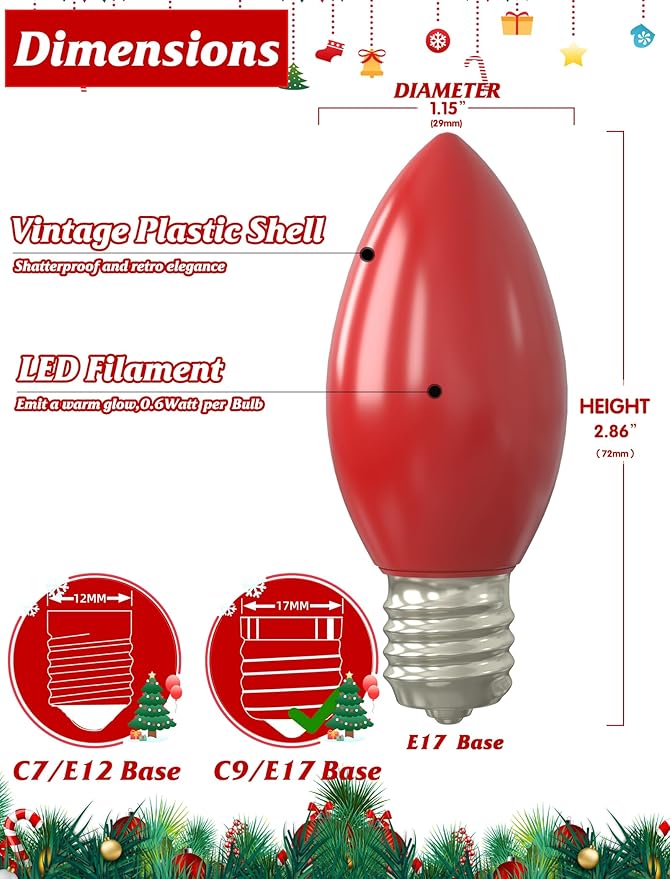 SUNSGNE C9 LED Christmas Multicolor Replacement Light Bulbs, 25 Pack Vintage Shatterproof Colored Christmas Light Bulbs, E17 Intermediate Base