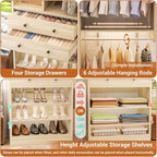 10FT Closet System with 4 Drawers, 120" Closet Organizer System with 6 Hanging Robs & Reversible Hanging Shelving, Closet Systems for Walk-in Closets, Load 2000+LBS, Greige Oak 2 Pack