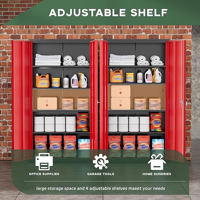 Greenvelly Metal Garage Storage Cabinet, 72" Black Red Tool Steel Locking Cabinets with Doors and 4 Shelves, Tall Cabinets for Garage Storage Systems Lockable File Cabinet for Home Office,Garage