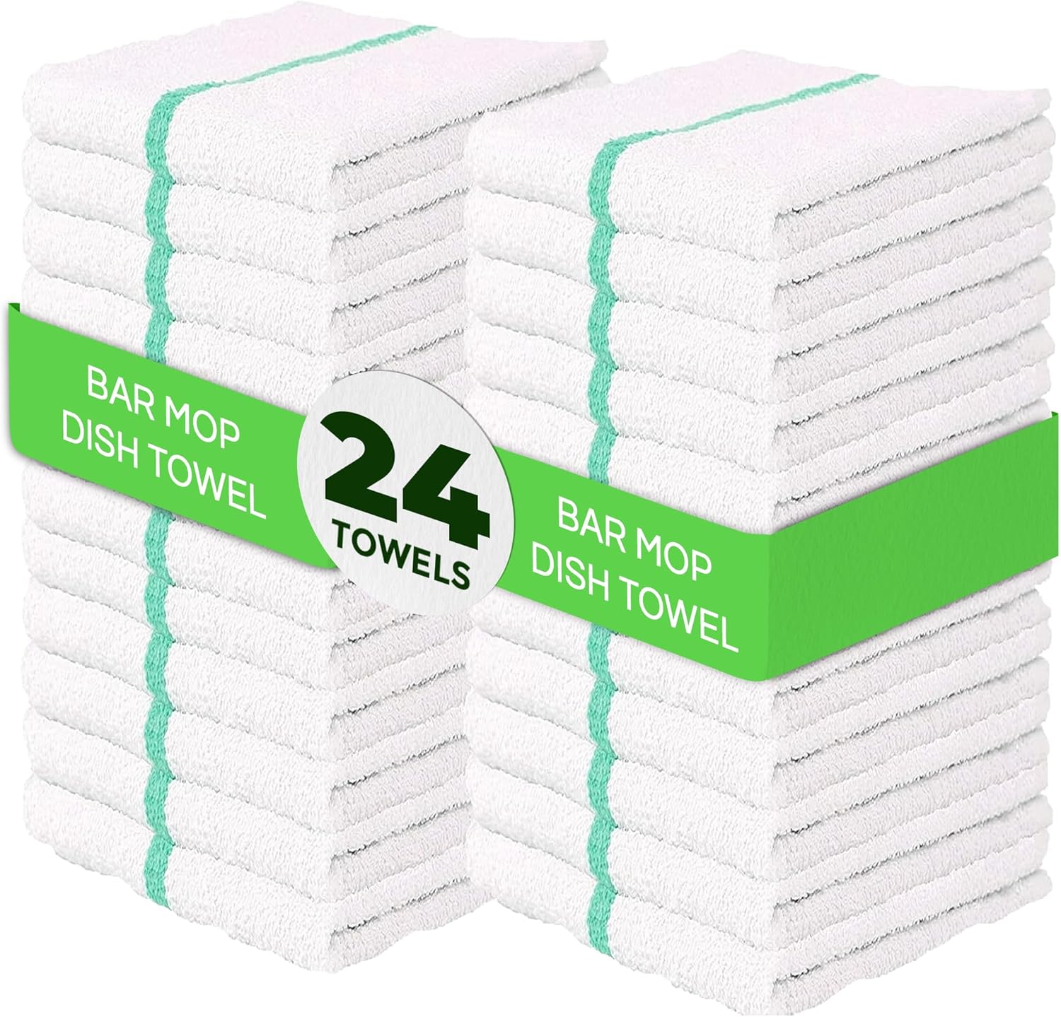 Towels N More 24 Pack 16x19 Bar Mop Towels High Absorbent Cotton Reusable Kitchen Towels - Quick Drying Towels for Chef, Cook, Home, Restaurant, Bar Glass Cleaning Towels (24, Green Stripe)