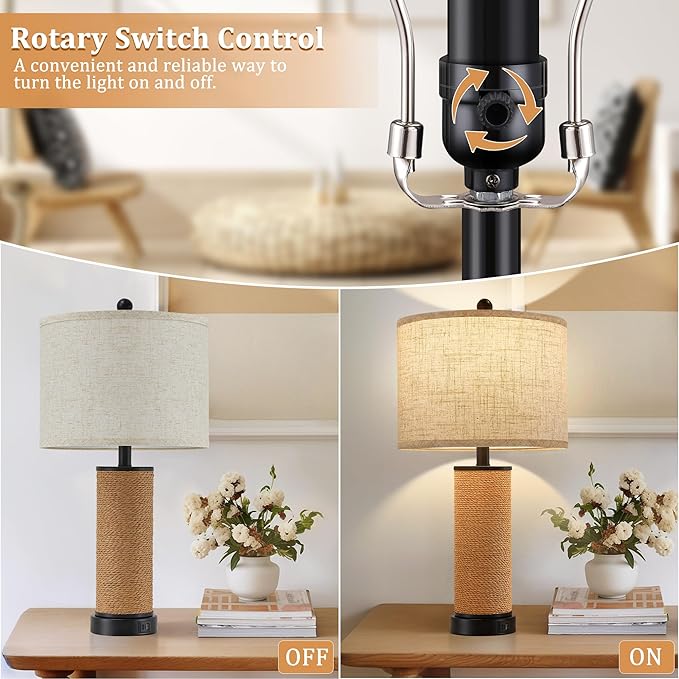 Set of 2 Rattan Table Lamps for Living Room with USB C+A Ports, 3 Color Temperature Nightstand Bedside Lamp Rocker Switch Coastal Lamps for Bedroom, Wicker Lamps for Living room (2 Bulbs Included)