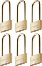 Weather Proof Lock, Keyed Alike Solid Brass Padlocks with Long Brass Shackle, Light Duty, 1-1/2" Wide Body, Marine Padlock, Anti Rust Lock, 6 Pack