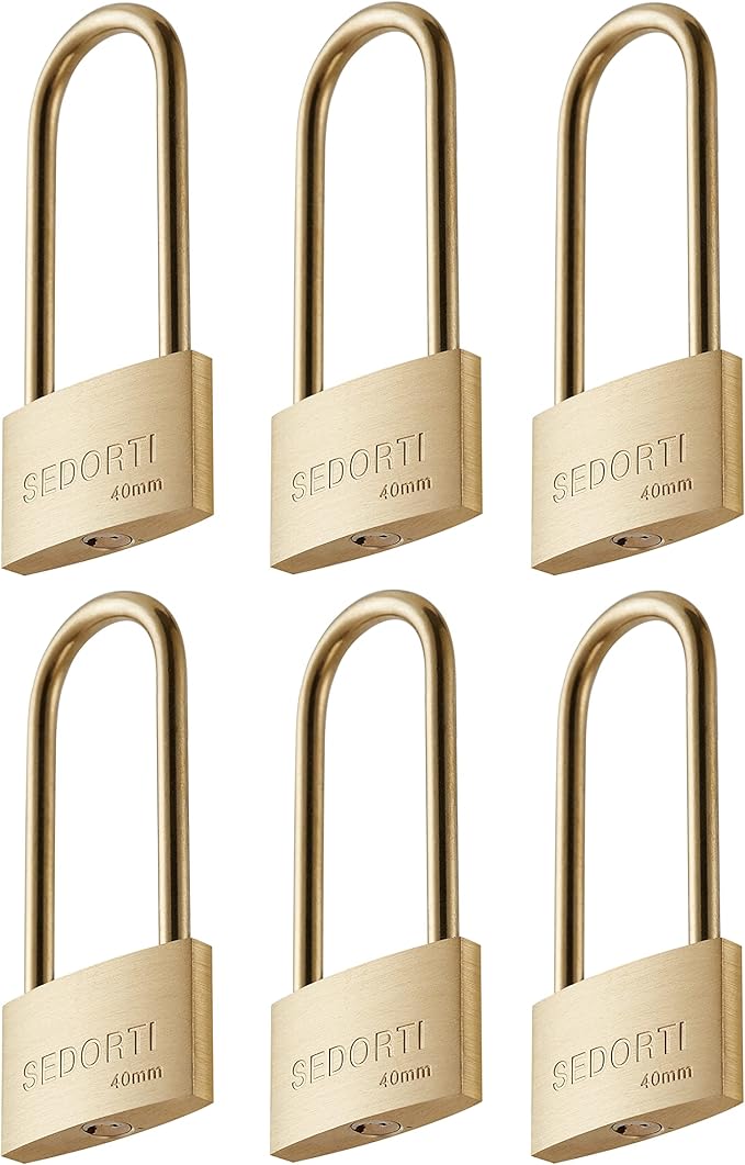 Weather Proof Lock, Keyed Alike Solid Brass Padlocks with Long Brass Shackle, Light Duty, 1-1/2" Wide Body, Marine Padlock, Anti Rust Lock, 6 Pack