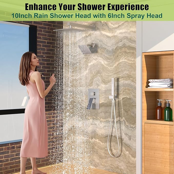 Enga Shower System Dual Shower Heads with 10+6" Dual Rain Shower Head with Handheld Spray for Two People, Wall Mount Shower Faucet Set with Valve Kit, Brushed Nickel