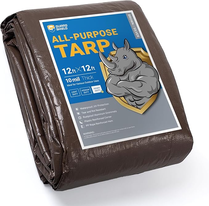 GUARD SHIELD Tarps Heavy Duty Waterproof 12x12 Feet Brown/Bright Silver Poly Tarp Cover Square Outdoor Thick UV Resistant Tarpaulin with Grommets 10mil