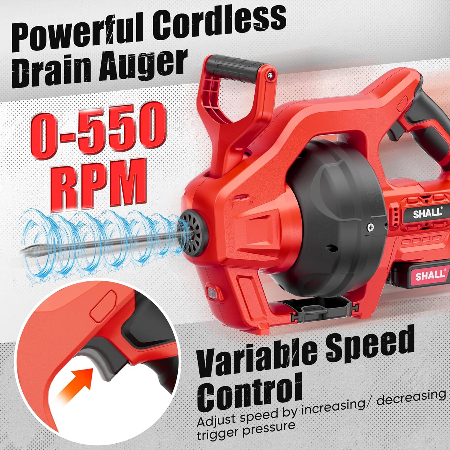 SHALL 20V Cordless Drain Auger with 25Ft Plumbing Drain Snake, Electric Snake Drain Hair Clog Remover W/ 2.0Ah Battery & Fast Charger, Shower Drain Snake for 3/4’’-2’’ Sewer Pipe, Sink Toilet Bathroom