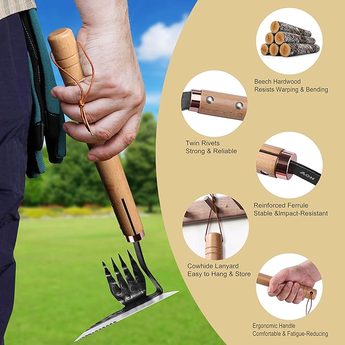 AON All-Purpose Japanese Weeding Sickle & Razor Hand Hoe, Forged Steel Weed Puller Tool with Sharp Edge & 4-Tine for Digging, Weeding, Uprooting in Vegetable Gardening, Backyard or Raised Garden Beds