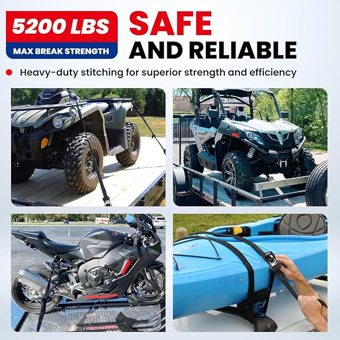 MOCA Black Heavy Duty Ratchet Tie Down Straps - 5200 Lbs Breaking Strength 1.6" x 8', Includes 4 Heavy Duty Ratchet Padded Handles & Coated Chromoly S Hooks & 4 Soft Loop Tie-Downs