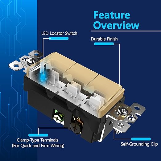 LIDER Matte Finish Lighted Triple Switch with Screwless Wall Plate, Combination Frameless Decorator Switch with Locator Light, Ground Terminal Single Pole, 15A 120V, UL Listed, Gold, 2 Pack