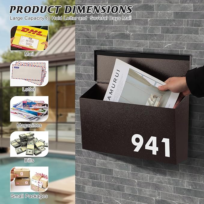 KYODOLED Wall-Mount Mailbox, Large Capacity Mail Box, Galvanized Steel Rust-Proof Metal Post Box, Mailboxes for Outside,15.7"x9.9"x4.9" Bronze