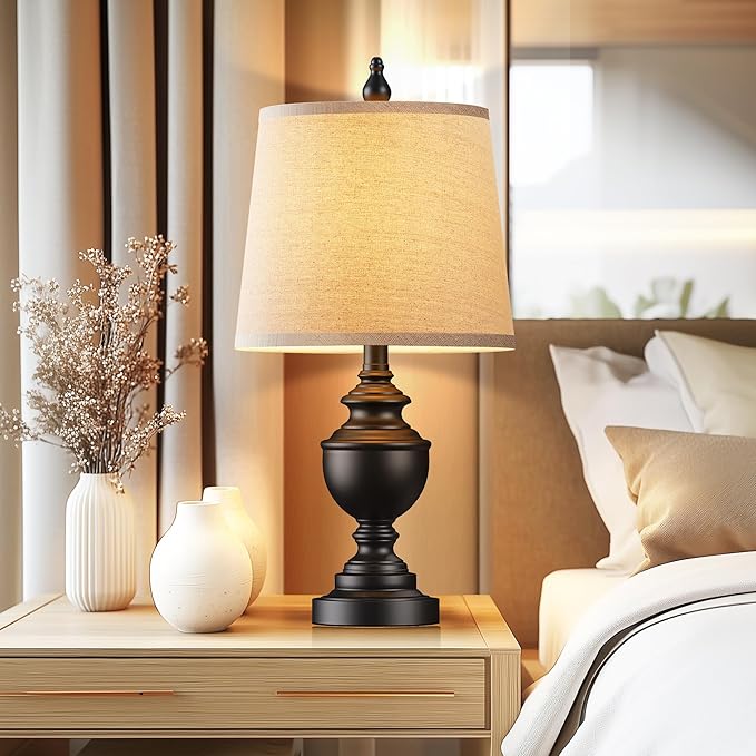 PARTPHONER Retro Table Lamps Set of 2, Bedside Lamp for Bedroom Rustic Farmhouse Table Lamps for Living Room, Vintage Nightstand Lamps with White Shades, Matte Black