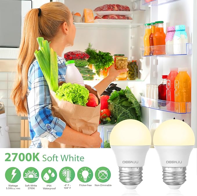 LED Refrigerator Light Bulb, 40W Equivalent, 120V, Fridge Light Bulb 2700K Soft White, A15 Appliance Bulb 5.5W for Freezer, 650LM, E26 Standard Base, 120V, Non-Dimmable, 6 Pack