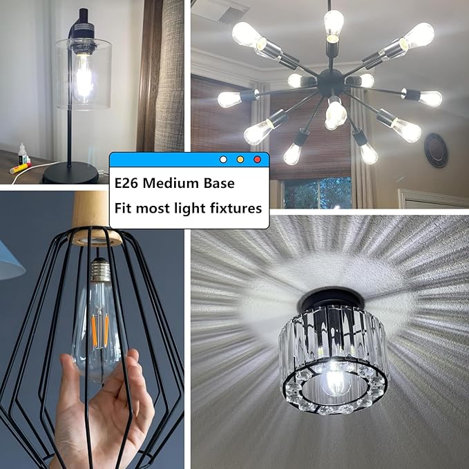Jensense Edison LED Light Bulbs E26 Bulb 60 watt Equivalent Dimmable Light Bulbs 5000K Daylight Cool White Vintage 7W Edison Bulbs 110V 120V 800 Lumen CRI90, 4 Pack