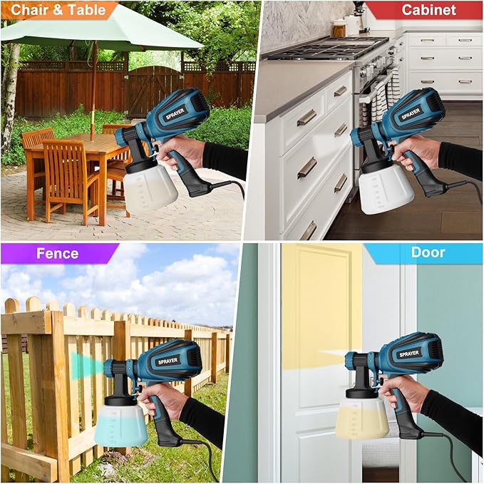 Paint Sprayer, 700W HVLP Spray Gun with Cleaning & Blowing Joints, 4 Nozzles and 3 Patterns, Easy to Clean, for Furniture, Cabinets, Fence, Walls, Door, Garden Chairs etc. VF803 Blue
