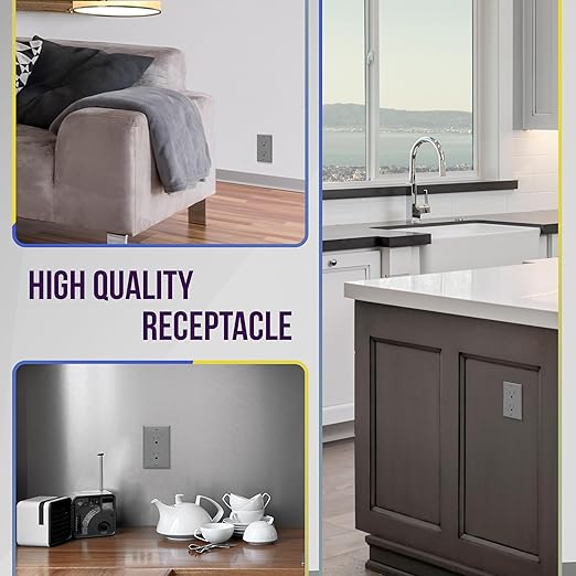 ENERLITES Decorator Receptacle Outlet with Wall Plate, Tamper-Resistant, Gloss Finish, Residential Grade, 3-Wire, Self-Grounding, 2-Pole, 15A 125V, UL Listed, 61501-TR-GYWP, Gray