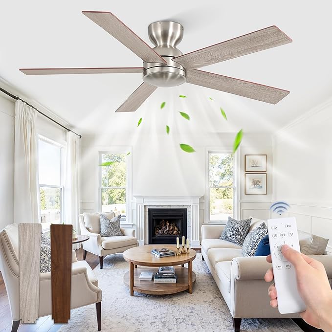 48 Inch Flush Mount Ceiling Fans without Lights, Brushed Nickel Modern Ceiling Fan no Lights, 6-Speeds, Quiet Reversible DC Motor, Indoor/Outdoor Ceiling Fans for Patios, Living Room, Bedroom